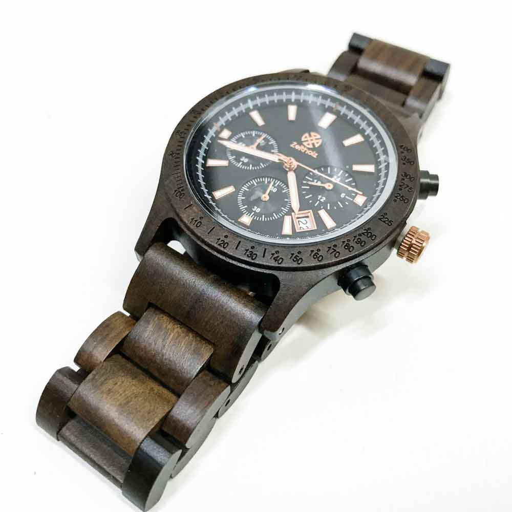 Zeitholz Holzuhr Herren 42mm Chronograph Analog Neue Bergen 100% Naturholz mit Japanischem Quarzwerk