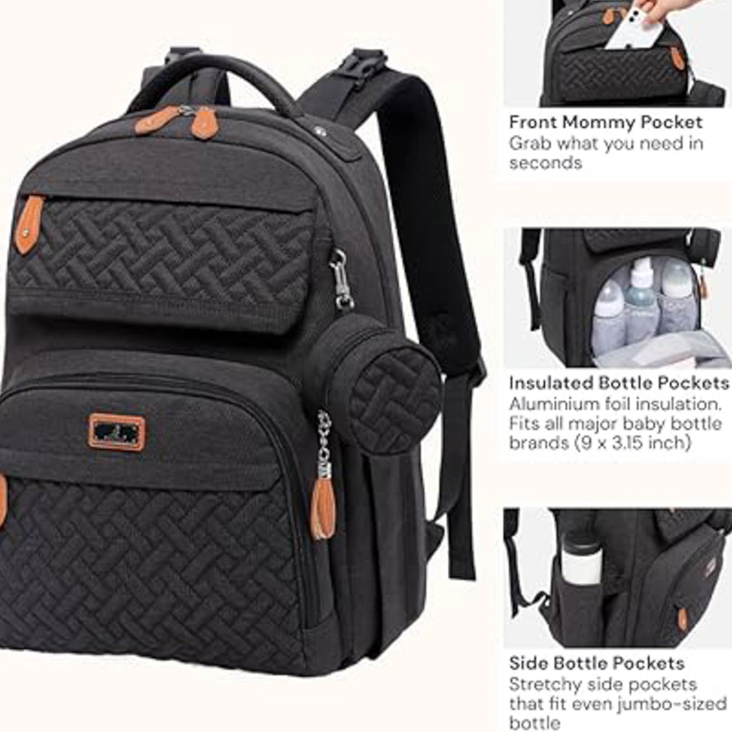 Babbleroo Changing Backpack Unisex Baby Bag 15L Multifunctional with Changing Mat, Pacifier Door, Stroller Straps - Waterproof, Ideal for Travel, Black