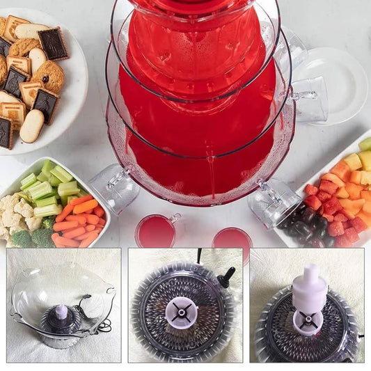 Partybrunnen 3-stufig, Modell mit 5 wiederverwendbaren Bechern, LED-beleuchteter Sockel. Ideal für Feiern, Hauspartys und Geburtstagsfeiern. Perfekt für Saft und Wein. Ein Highlight für jede Feier!