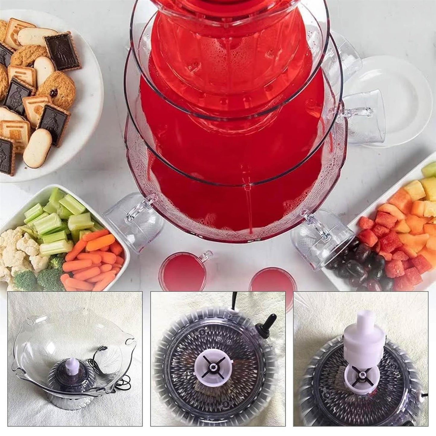 Partybrunnen 3-stufig, Modell mit 5 wiederverwendbaren Bechern, LED-beleuchteter Sockel. Ideal für Feiern, Hauspartys und Geburtstagsfeiern. Perfekt für Saft und Wein. Ein Highlight für jede Feier!