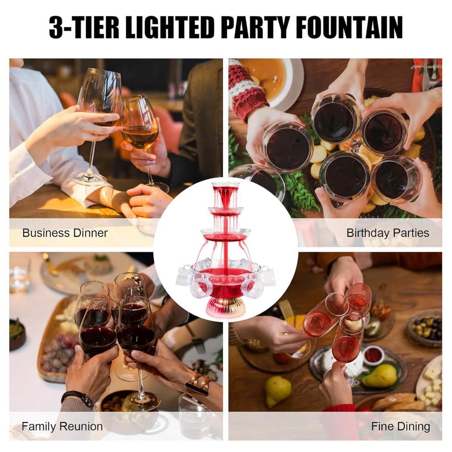 Partybrunnen 3-stufig, Modell mit 5 wiederverwendbaren Bechern, LED-beleuchteter Sockel. Ideal für Feiern, Hauspartys und Geburtstagsfeiern. Perfekt für Saft und Wein. Ein Highlight für jede Feier!