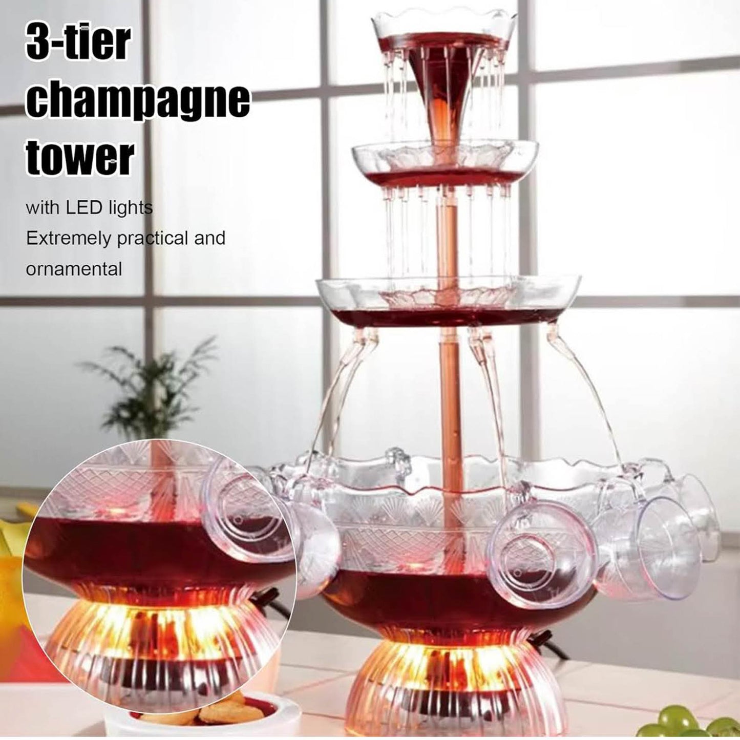 Partybrunnen 3-stufig, Modell mit 5 wiederverwendbaren Bechern, LED-beleuchteter Sockel. Ideal für Feiern, Hauspartys und Geburtstagsfeiern. Perfekt für Saft und Wein. Ein Highlight für jede Feier!