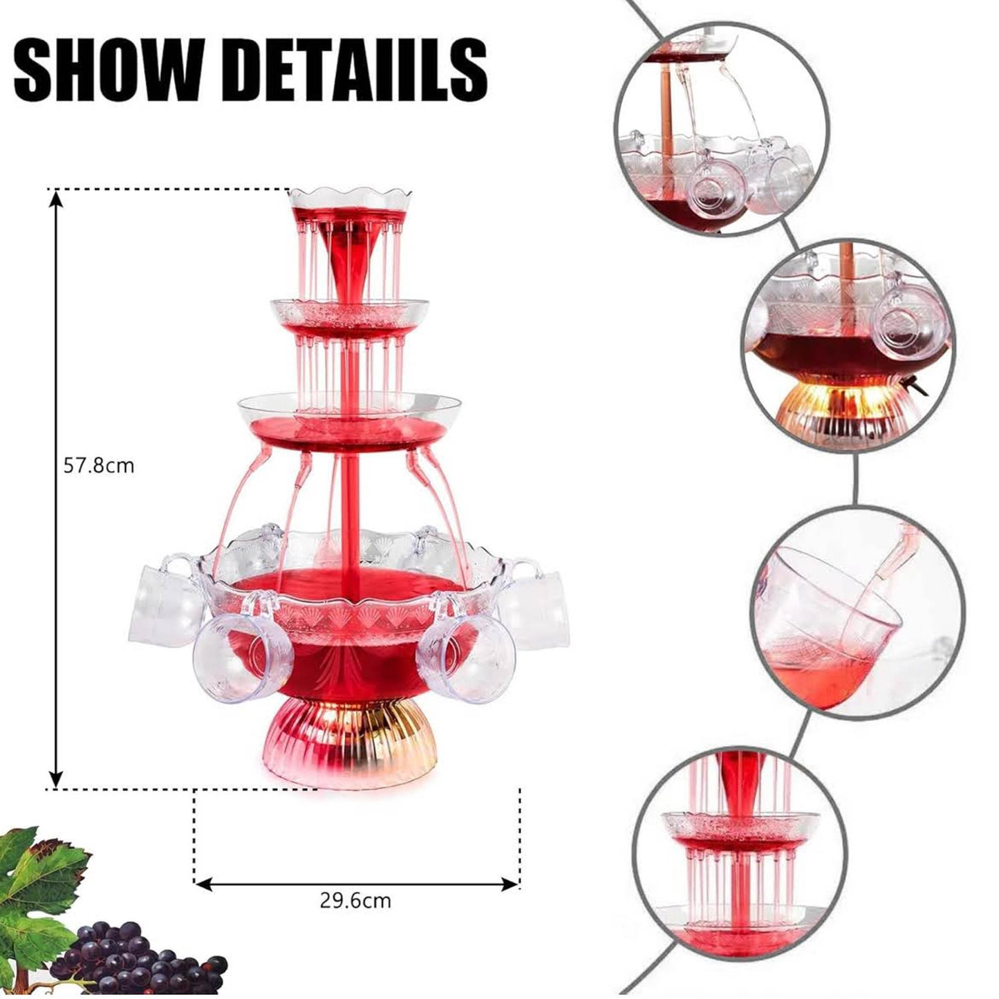 Partybrunnen 3-stufig, Modell mit 5 wiederverwendbaren Bechern, LED-beleuchteter Sockel. Ideal für Feiern, Hauspartys und Geburtstagsfeiern. Perfekt für Saft und Wein. Ein Highlight für jede Feier!