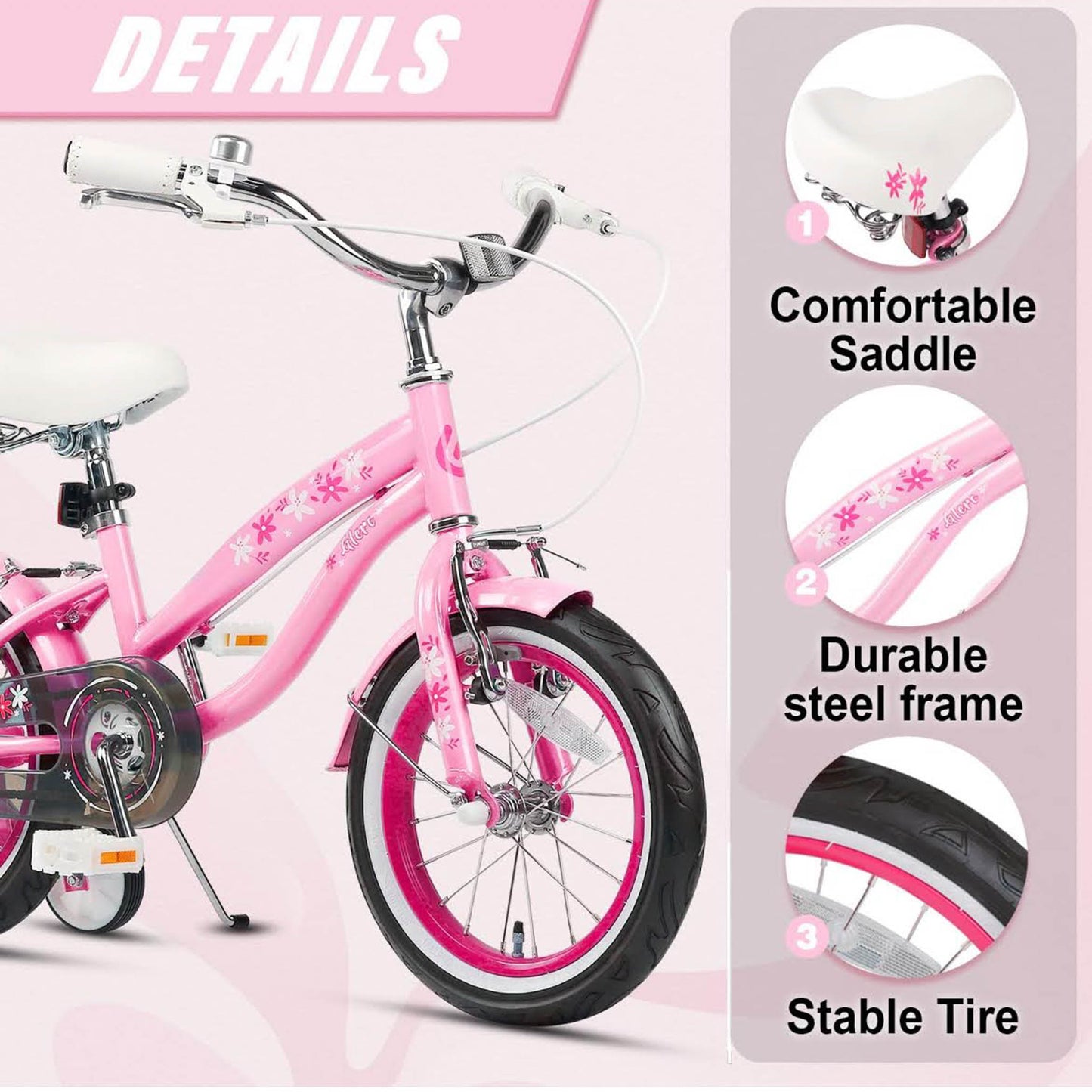 Glerc Freesia 16 Zoll Kinderfahrrad, Retro Vintage, für Mädchen 4-7 Jahre, mit Stabilisatoren und Kickstand, rosa.