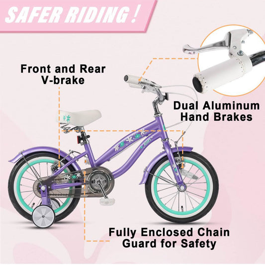 Glerc Freesia 14 Zoll Kinderfahrrad, Retro-Vintage, für Mädchen 3-5 Jahre, mit Stabilisatoren und Glocke, violett.