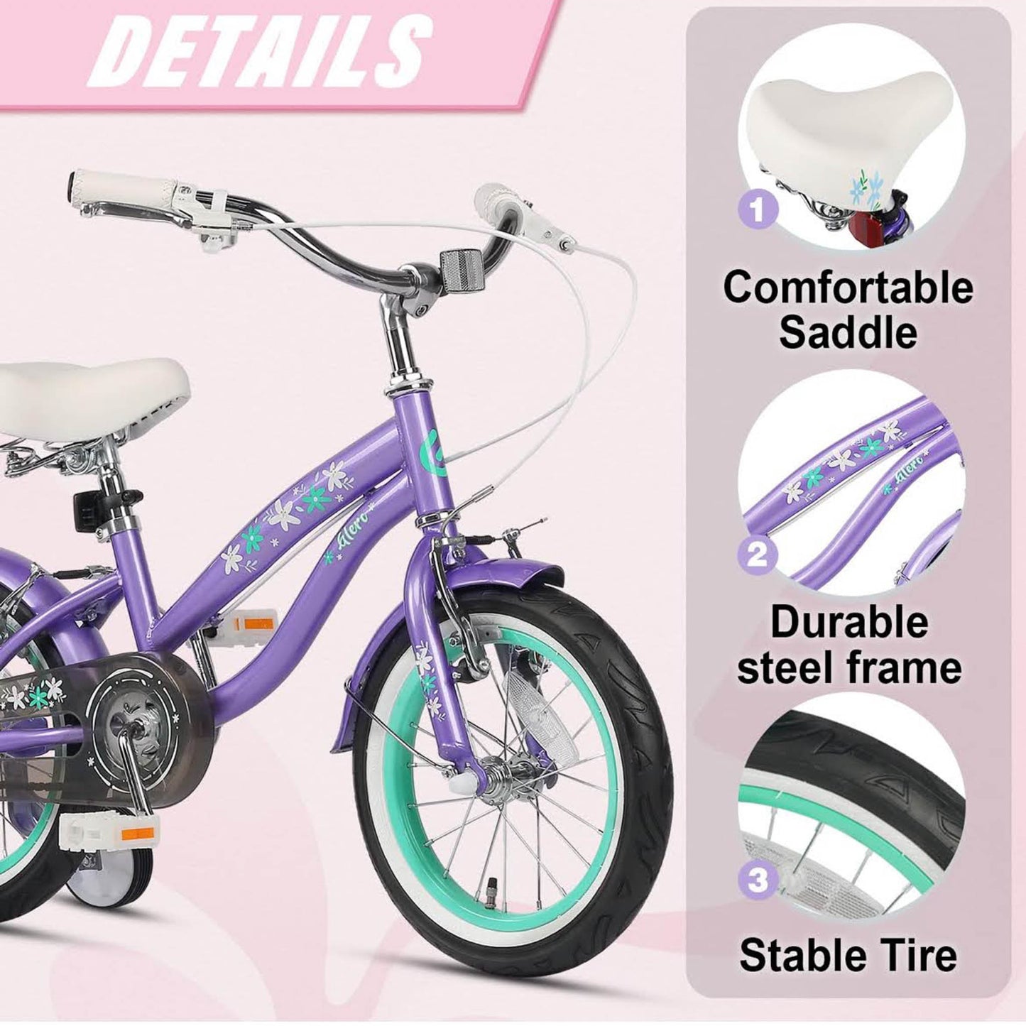 Glerc Freesia 14 Zoll Kinderfahrrad, Retro-Vintage, für Mädchen 3-5 Jahre, mit Stabilisatoren und Glocke, violett.