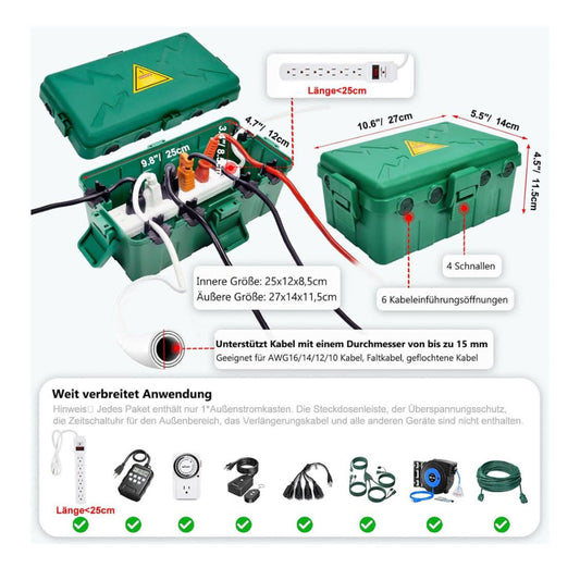 Grün, IP54, Elektrobox, Wetterfest, schützt Steckdose, Timer, Plug, für Außenbereich, 27x14.5x12.5 cm