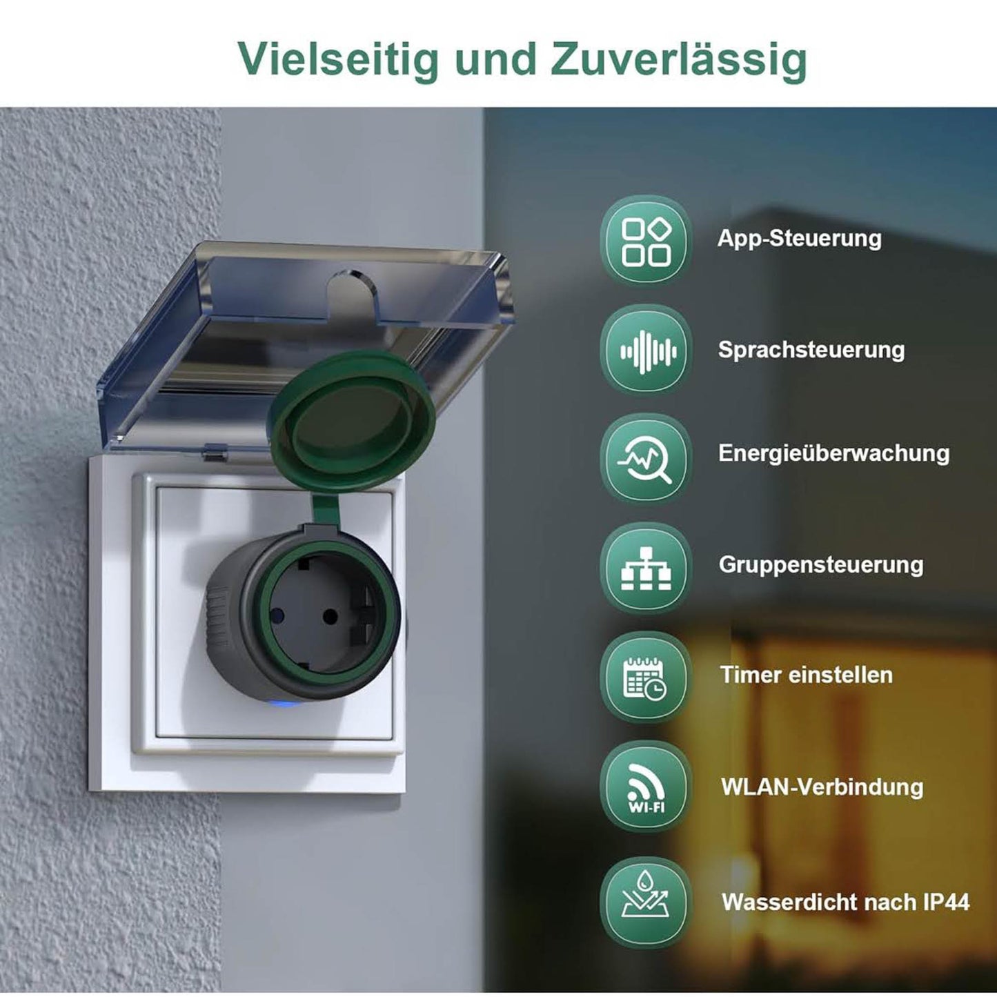 EIGHTREE WLAN Steckdose, IP44, Außensteckdose, wasserdicht, Strommessung, Alexa, SmartThings, Google Home, Zeitschaltuhr, Fernbedienung.