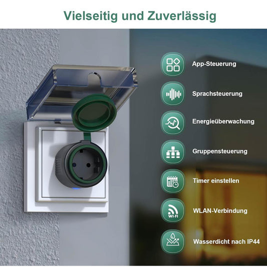 EIGHTREE ET71 WLAN Steckdose, IP44, Außensteckdose, wasserdicht, Strommessung, Alexa, SmartThings, Google Home, Zeitschaltuhr, Fernbedienung.
