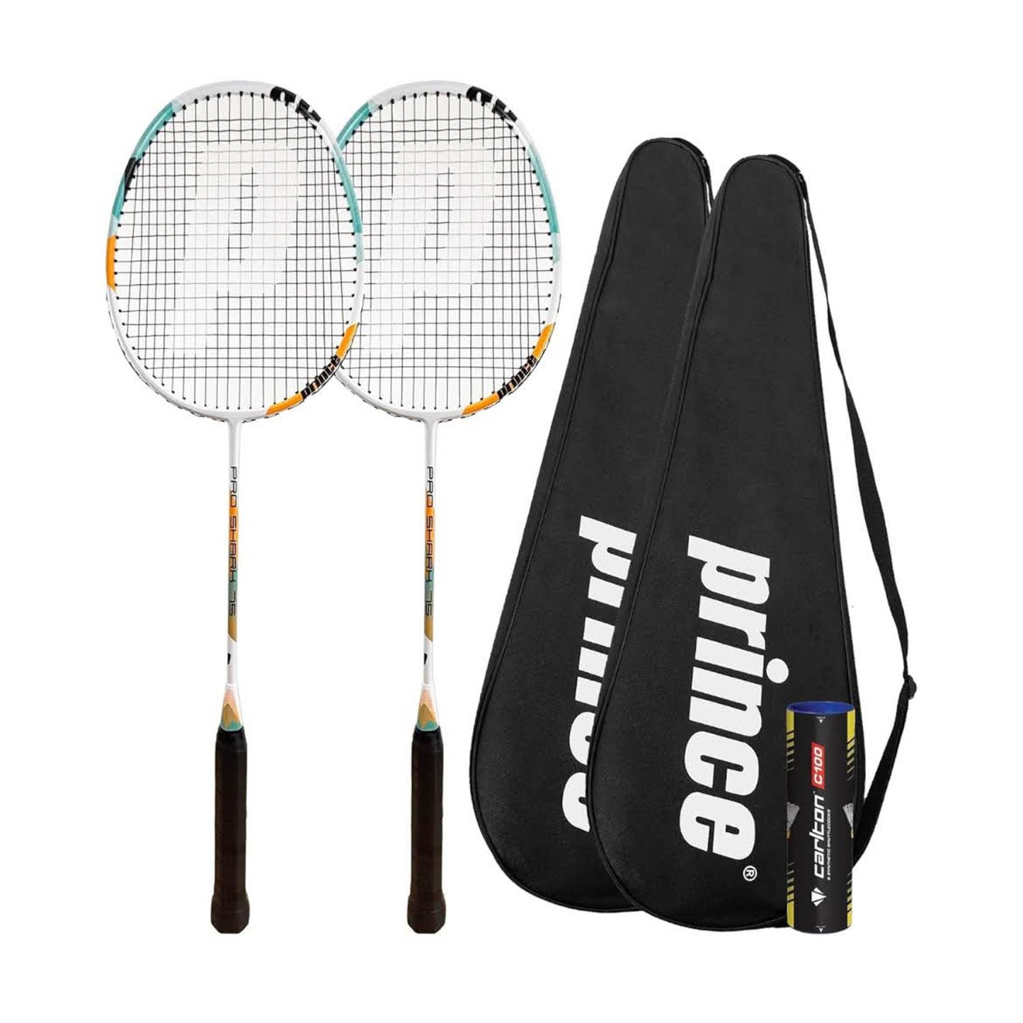 Prince Pro Shark Badmintonschläger Twin Set, inkl. Federbälle, schützende Tragetaschen, ideal für Freizeit und Wettkampf.