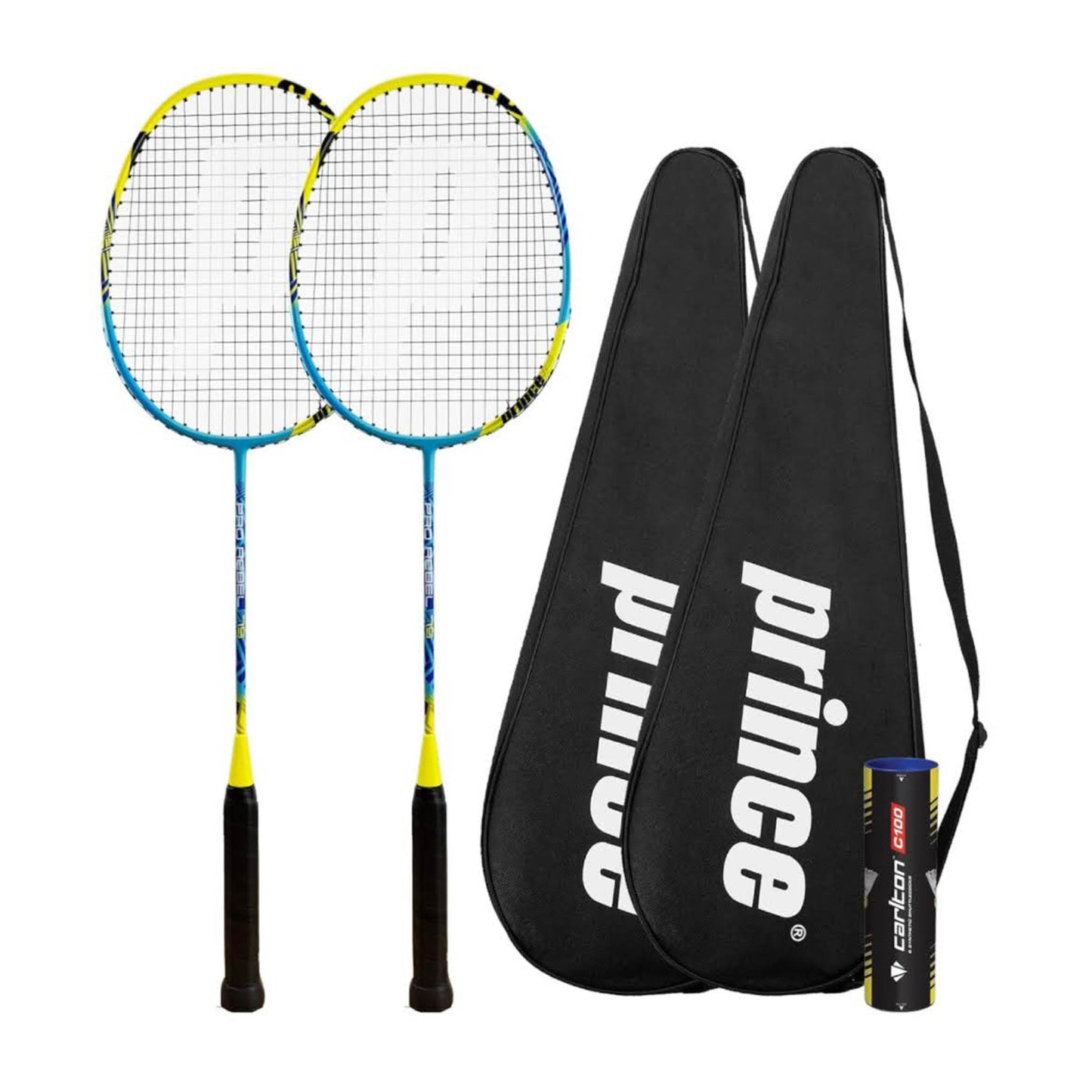 Prince Pro Rebel Badmintonschläger Twin Set, Graphit, inkl. Federbälle, Tragetaschen, ideal für Freizeit und Wettkampf.