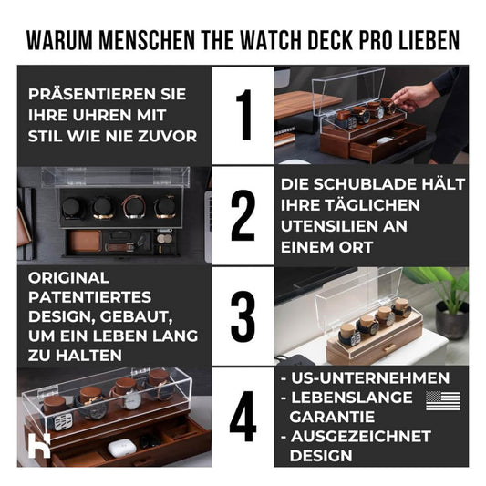 Holme & Hadfield Uhrenvitrine, Uhrenständer, Holz, Herren-Uhrenbox, Organizer mit Display und Schublade für Zubehör.