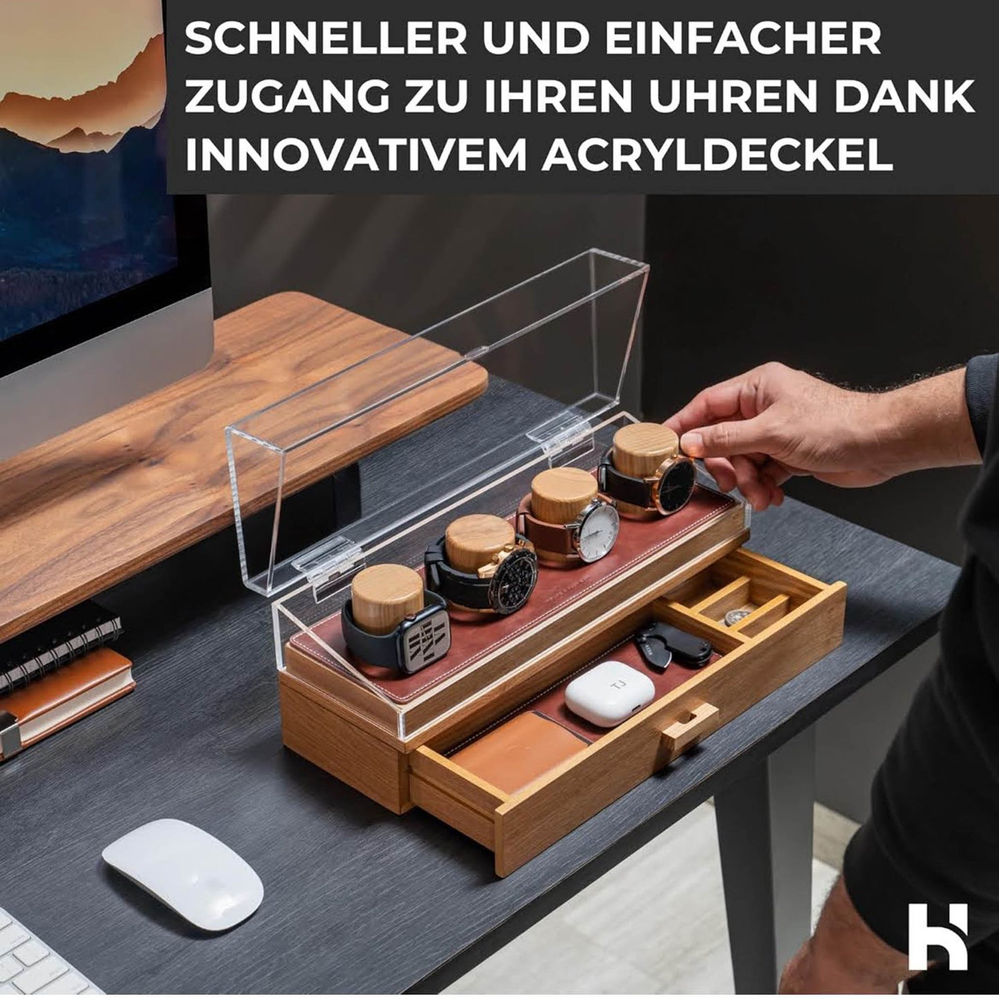 Holme & Hadfield Uhrenvitrine, Uhrenständer, Holz, Herren-Uhrenbox, Organizer mit Display und Schublade für Zubehör.