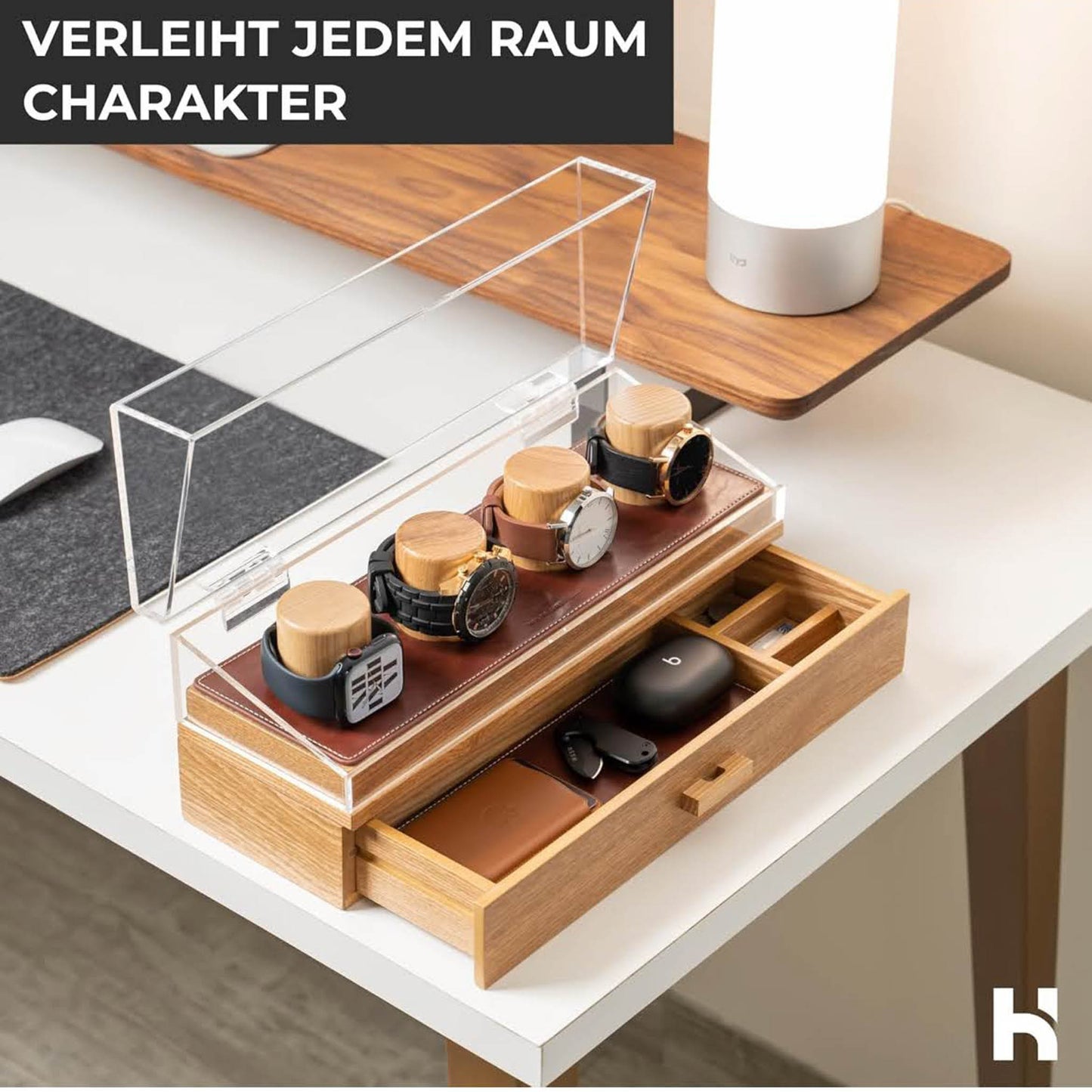 Holme & Hadfield Uhrenvitrine, Uhrenständer, Holz, Herren-Uhrenbox, Organizer mit Display und Schublade für Zubehör.