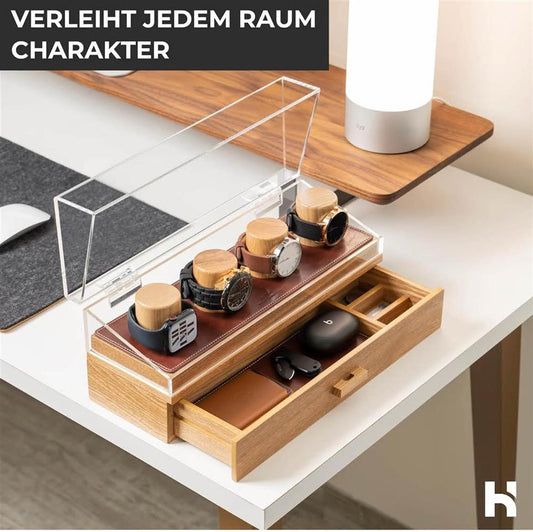 Holme & Hadfield Uhrenvitrine, Uhrenständer, Holz, Herren-Uhrenbox, Organizer mit Display und Schublade für Zubehör.