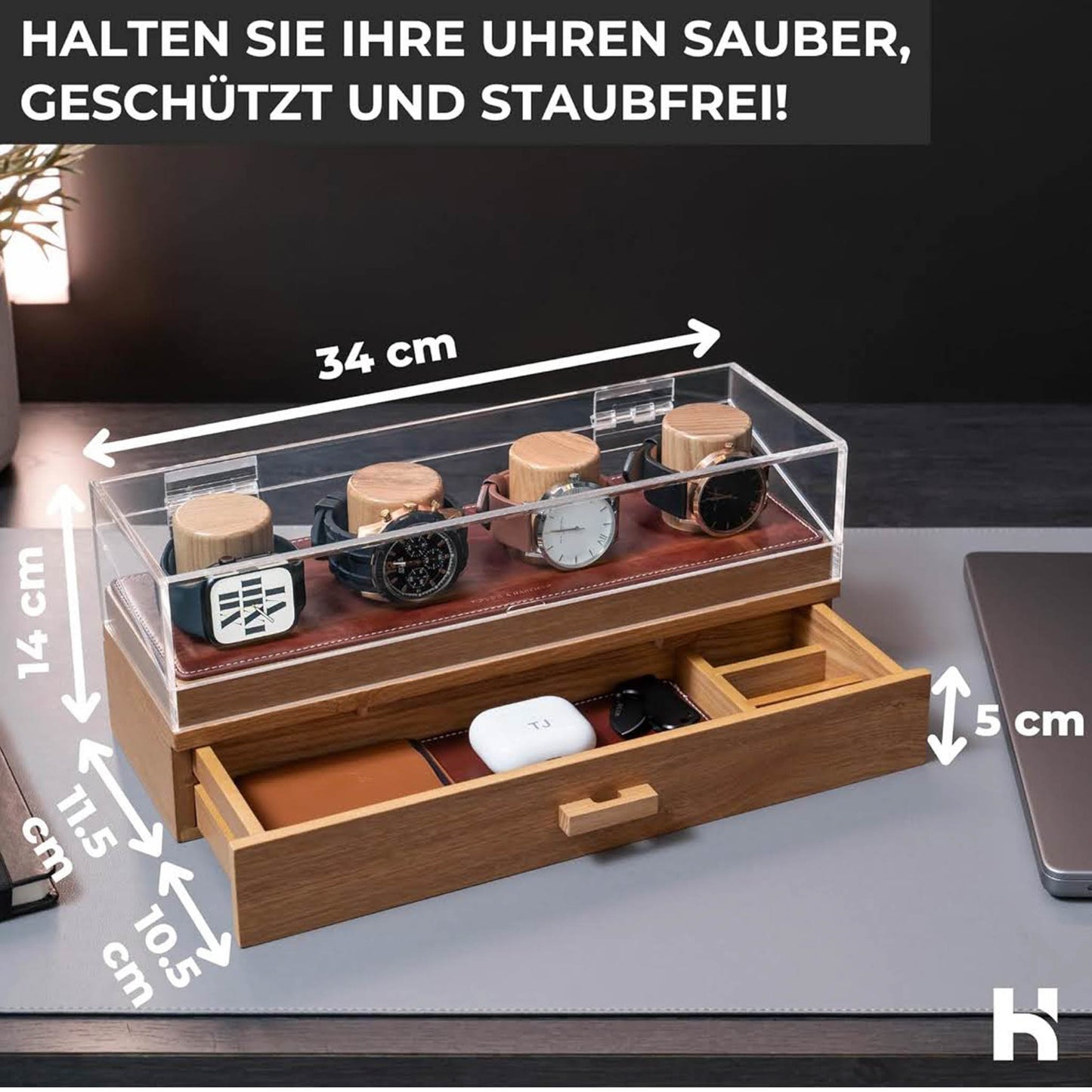 Holme & Hadfield Uhrenvitrine, Uhrenständer, Holz, Herren-Uhrenbox, Organizer mit Display und Schublade für Zubehör.