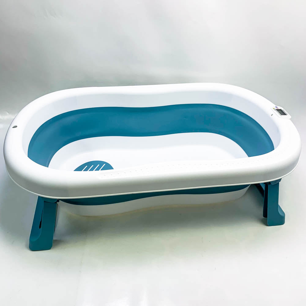 Große faltbare Babybadewanne 55 l mit Kissen Ball Spülschädel für Babys faltbare Badewanne für 0–6 Jahre blau mit Badesitz Thermometer