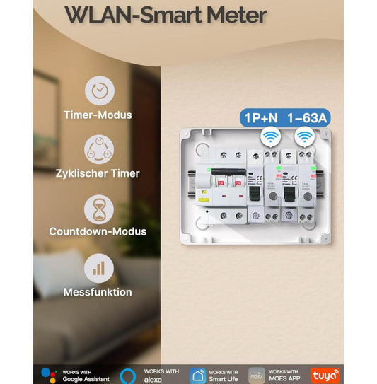 MOES Smart Zeitschaltuhr 1P+N, WLAN Schalter, 16A-63A, mit Metering, Alexa & Google Home kompatibel, Überstrom- und Überspannungsschutz.