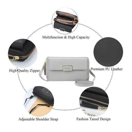 Yixuan Putrot Tragbares Telefon, Brieftasche, kleine Umhängetasche, mit Kartenfächern, PU, verstellbarer Trageriemen - Grau