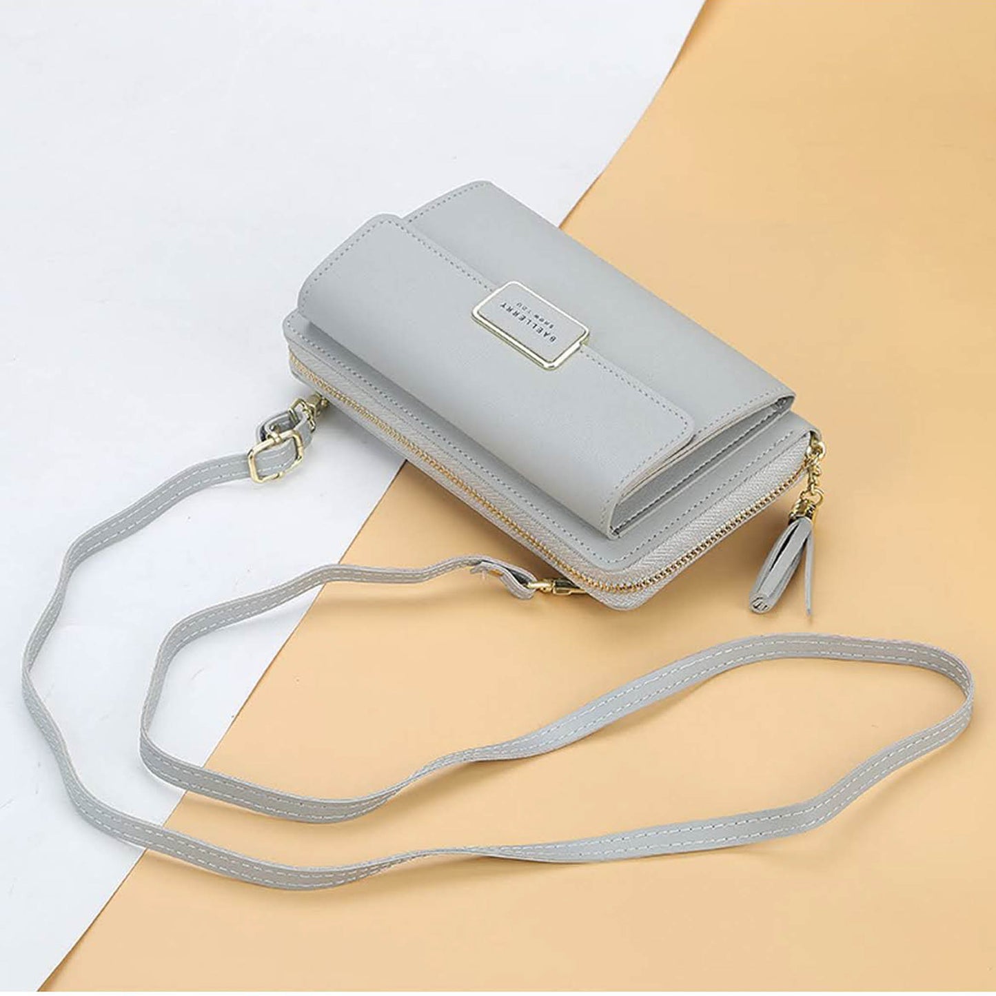 Yixuan Putrot Tragbares Telefon, Brieftasche, kleine Umhängetasche, mit Kartenfächern, PU, verstellbarer Trageriemen - Grau