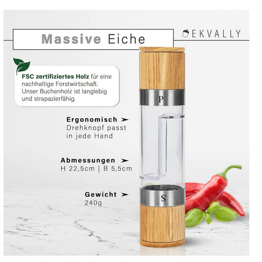 EKVALLY HERM I 2in1 Gewürzmühle, Eiche, Keramikmahlwerk, für Salz und Pfeffer, stilvolles Design, ohne Inhalt.