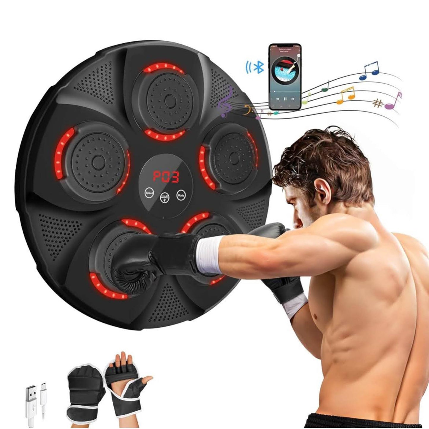 INMORVEN Music Boxing Machine, LED Musik-Boxmaschine, Bluetooth, 9 Geschwindigkeitsmodi, Zählmodus, für Erwachsene und Kinder, Indoor-Übung.
