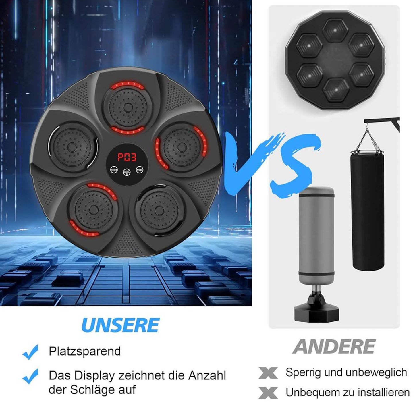 INMORVEN Music Boxing Machine, LED Musik-Boxmaschine, Bluetooth, 9 Geschwindigkeitsmodi, Zählmodus, für Erwachsene und Kinder, Indoor-Übung.
