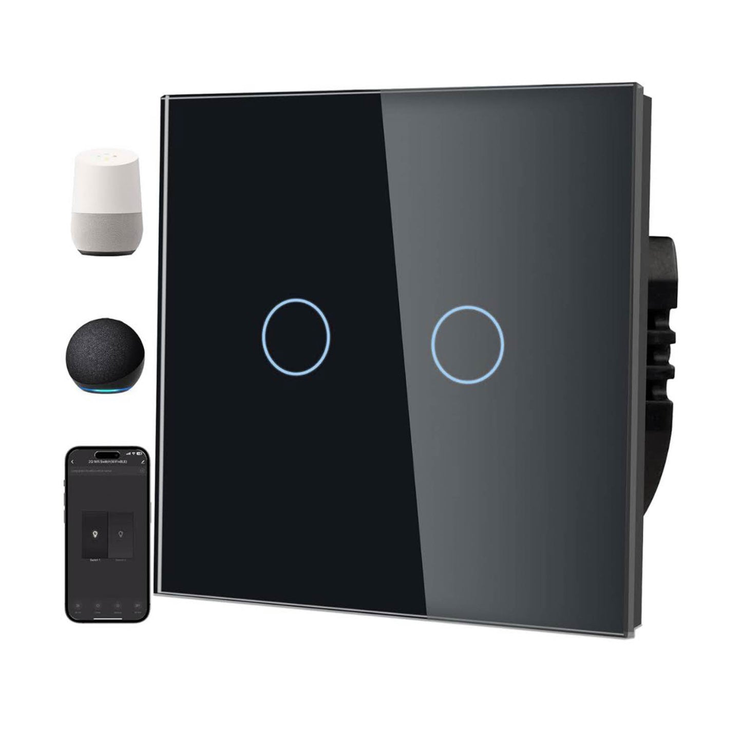 PANGTZEEN Smart WiFi Lichtschalter 2 Fach, 2.4GHz, Alexa & Google Home, Tuya App, Sprachsteuerung, gehärtetes Glas, Unterputz, Schwarz