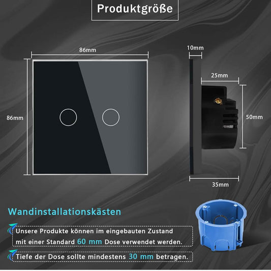 PANGTZEEN Smart WiFi Lichtschalter 2 Fach, 2.4GHz, Alexa & Google Home, Tuya App, Sprachsteuerung, gehärtetes Glas, Unterputz, Schwarz
