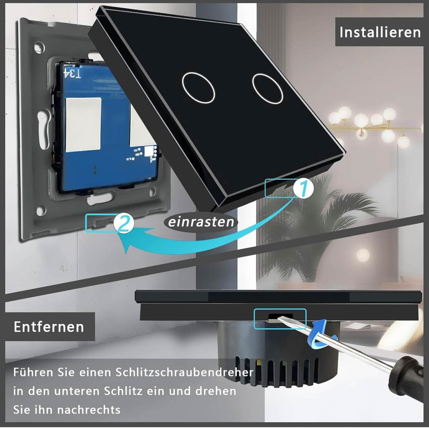 PANGTZEEN Smart WiFi Lichtschalter 2 Fach, 2.4GHz, Alexa & Google Home, Tuya App, Sprachsteuerung, gehärtetes Glas, Unterputz, Schwarz
