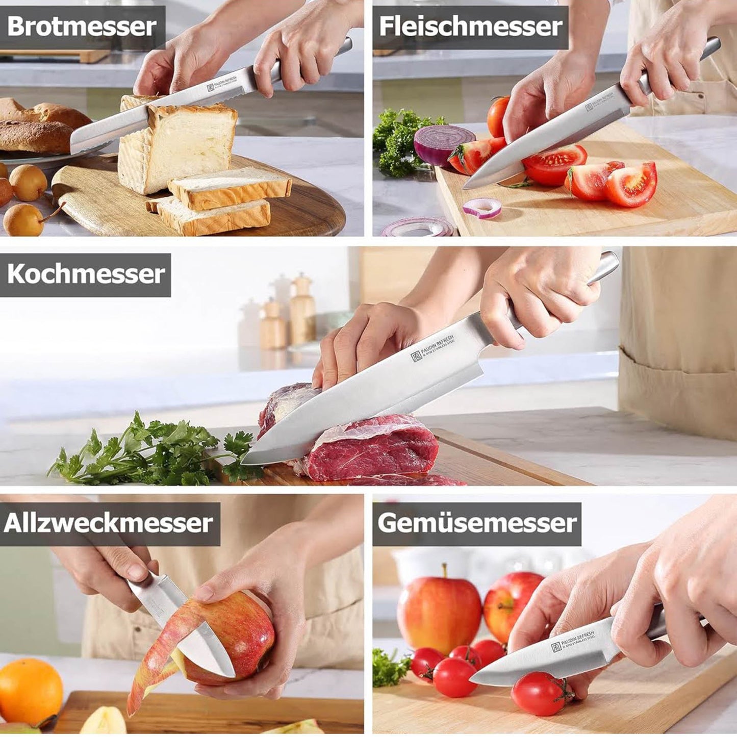 Paudin Küchenmesser Set, Edelstahl, Kochmesser, Brotmesser, Fleischmesser, scharfe Klingen, ergonomischer Griff, langlebig.
