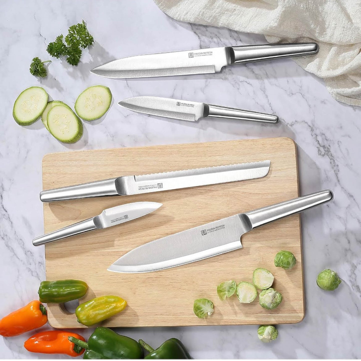 Paudin Küchenmesser Set, Edelstahl, Kochmesser, Brotmesser, Fleischmesser, scharfe Klingen, ergonomischer Griff, langlebig.