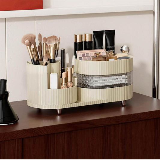 360° Kosmetik Organizer, drehbar, 3 Schichten, 2-in-1 für Make-up & Skincare, ideal für Bad und Schlafzimmer.