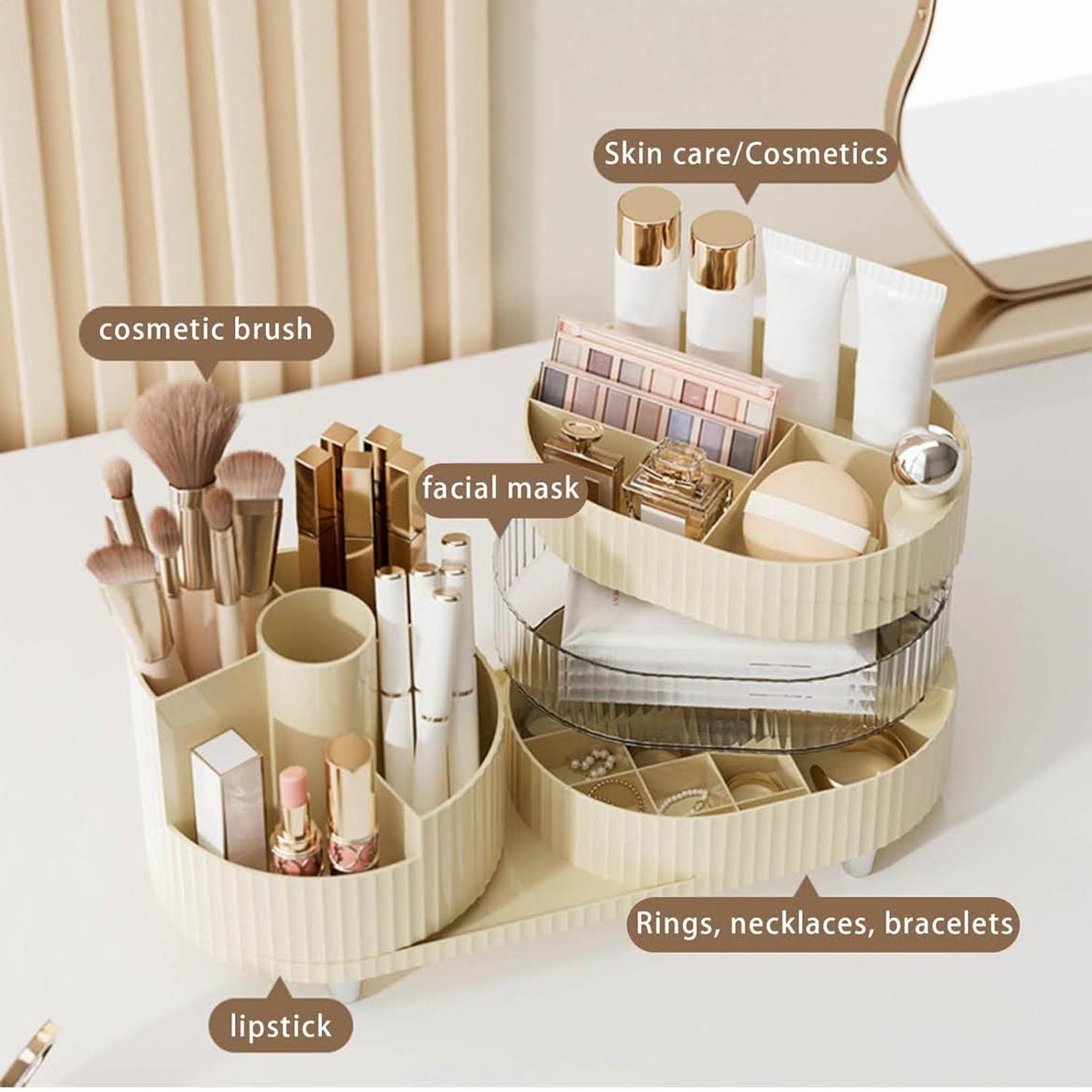 360° Kosmetik Organizer, drehbar, 3 Schichten, 2-in-1 für Make-up & Skincare, ideal für Bad und Schlafzimmer.