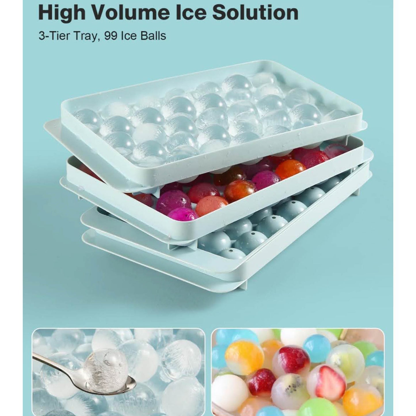 Litimkat, Runde Eiswürfelform, Eiswürfelform für Gefrierschrank, 3 blaue Schalen, Behälter mit Deckel, ideal für Bier, Kaffee, Saft.
