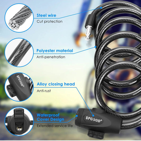 SPGOOD Fahrradschloss 120cm/12mm, Sicherheitsstufe Sehr Hoch, Spiralkabelschloss, Anti-Diebstahl, inkl. 2 Schlüssel, Schwarz