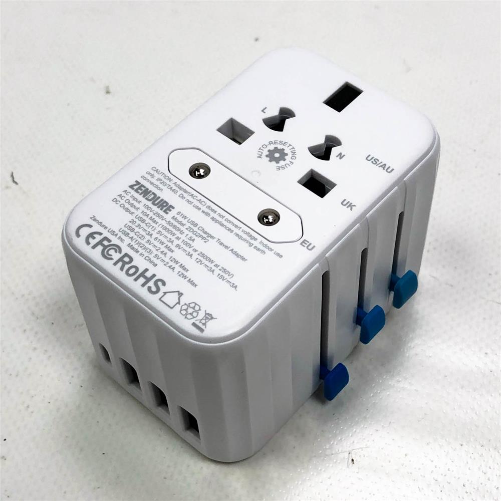 Zendure Reiseadapter 61W PD Universal USB C Fast Charge Internationales Wandladegerät AC Steckeradapter Weltweites Power Charger All in One für USA Europa UK AUS Weiß
