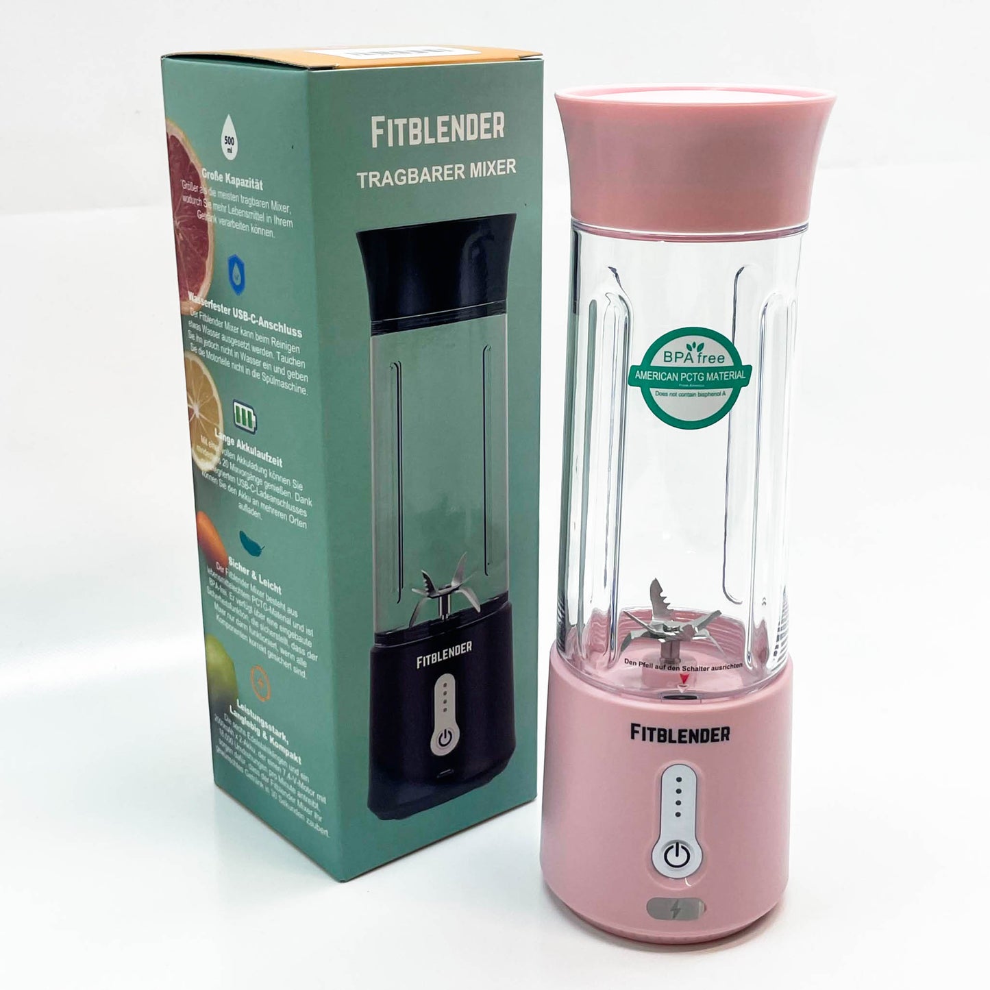FITBLENDER tragbarer Mixer, 500ml, 2000 mAh, 7,4V, Kompakt, leistungsstark, ideal für Smoothies, Rosa.
