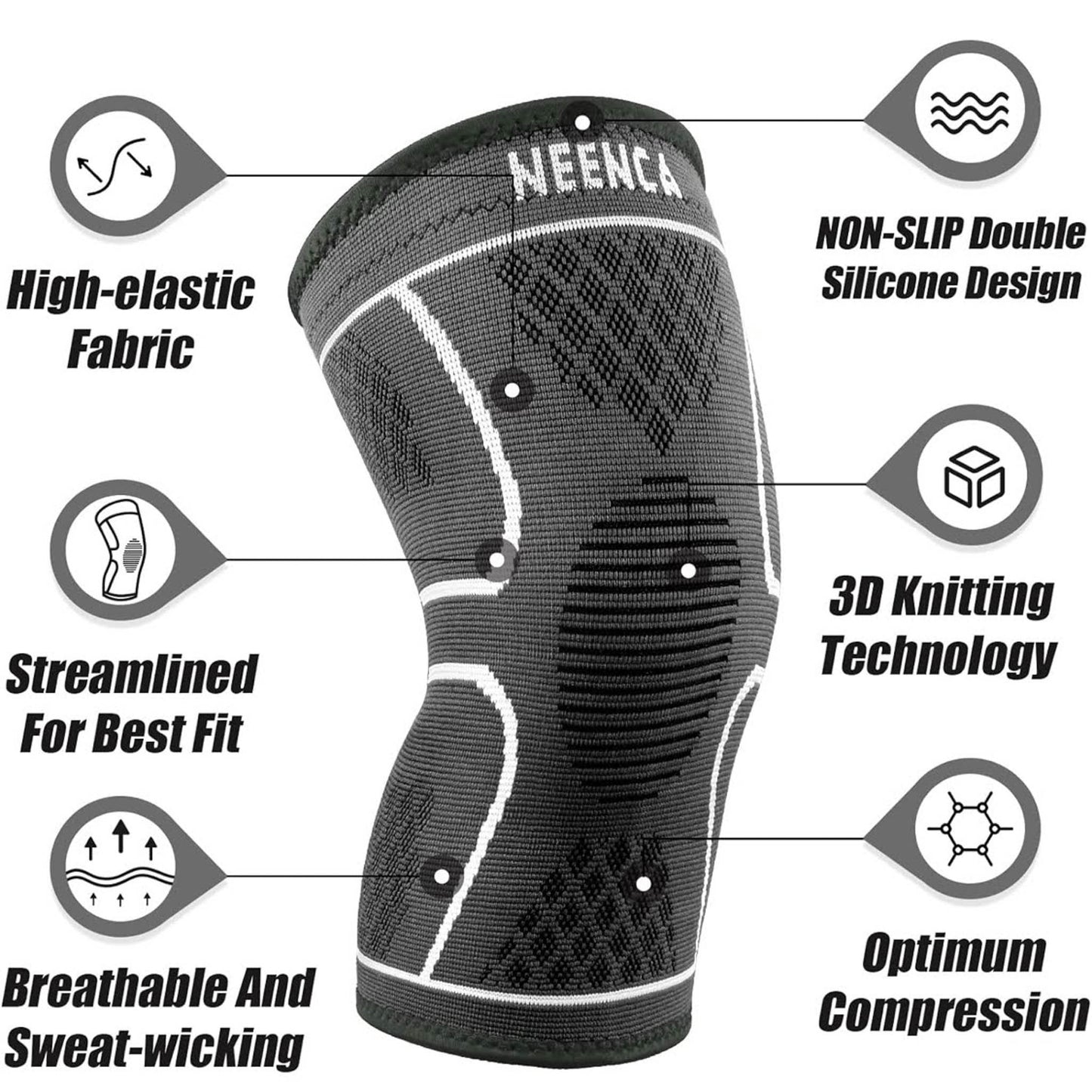 NEENCA Sport-Kniebandage 2er-Pack S Grau atmungsaktive Kompressions-Patella-Kniestütze für Meniskusriss Arthrose Rehabilitation Laufen Fußball