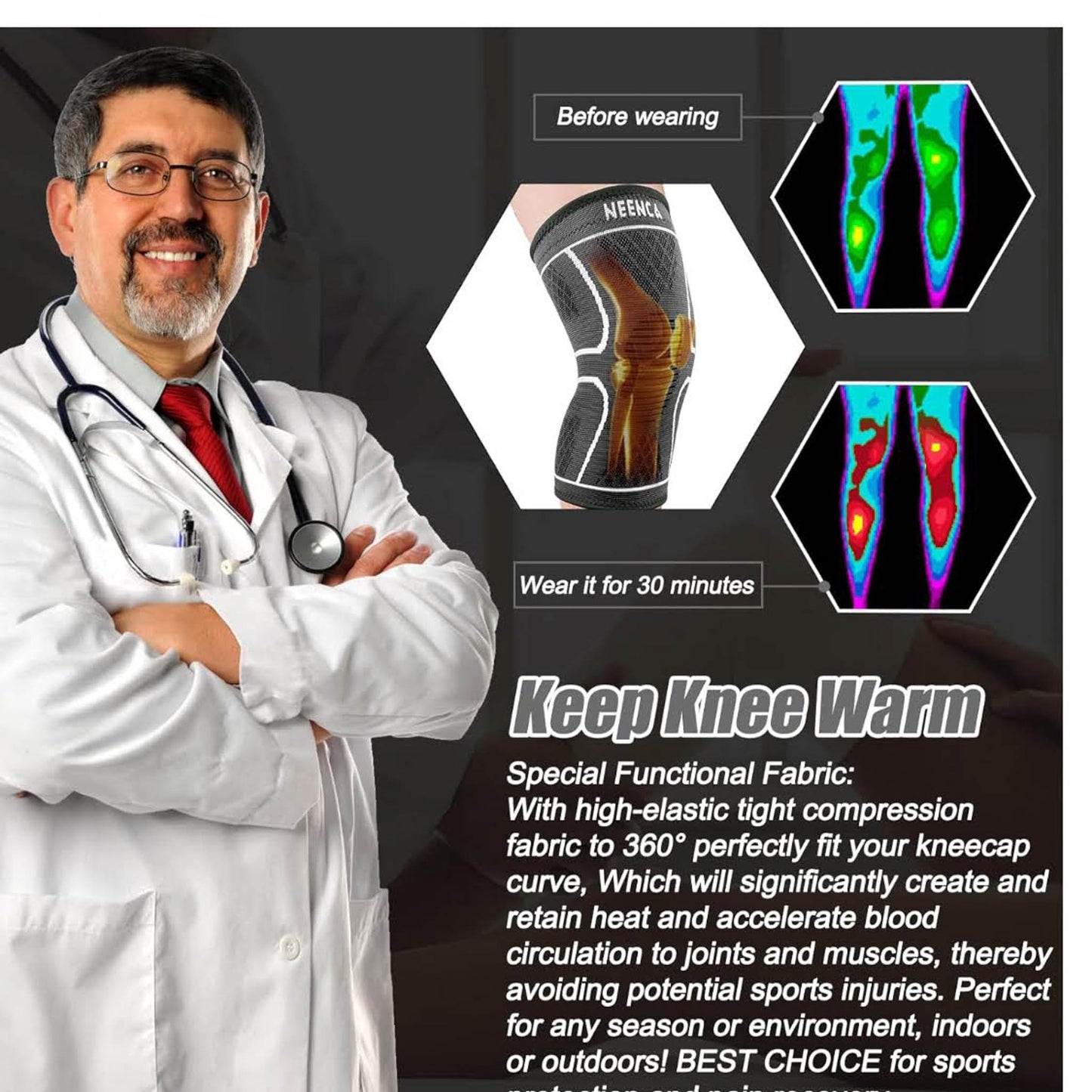 NEENCA Sport-Kniebandage 2er-Pack S Grau atmungsaktive Kompressions-Patella-Kniestütze für Meniskusriss Arthrose Rehabilitation Laufen Fußball