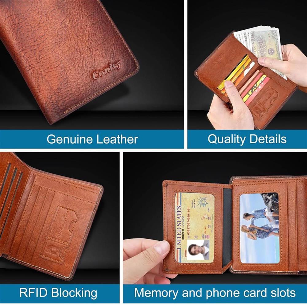 Conisy Herren Portfolio, klassische Lederbrieftasche, RFID-Blockierung, kleine Herrenbrieftasche, braun