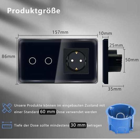 TAWOIA Touch Lichtschalter, EU Standard, 1 Fach Steckdose, 2.5D Curved Glas Platte, 86x157mm, Schwarz
