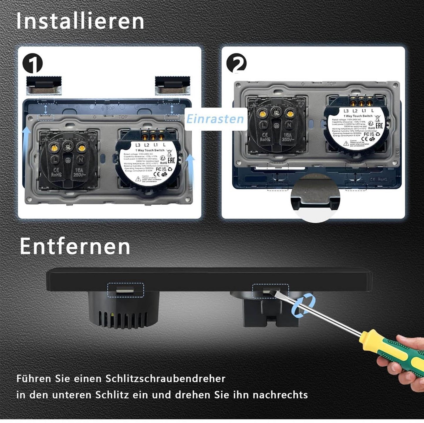 TAWOIA Touch Lichtschalter, EU Standard, 1 Fach Steckdose, 2.5D Curved Glas Platte, 86x157mm, Schwarz