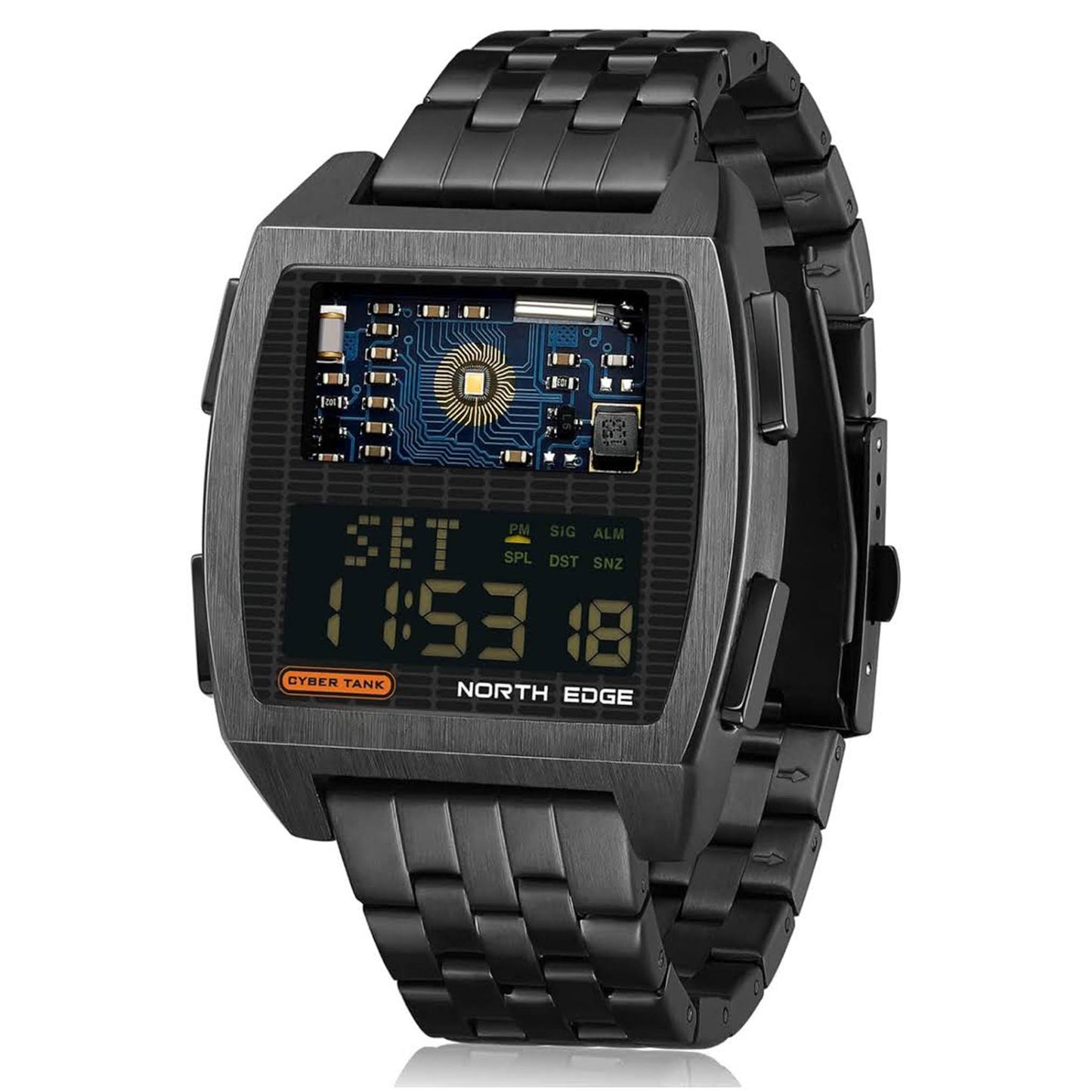 North Edge Männeruhr, Modell: Cyber Tank, Digitale Sportuhr, Retro-Design, 50m wasserdicht, Metallgehäuse, ideal für aktive Männer.