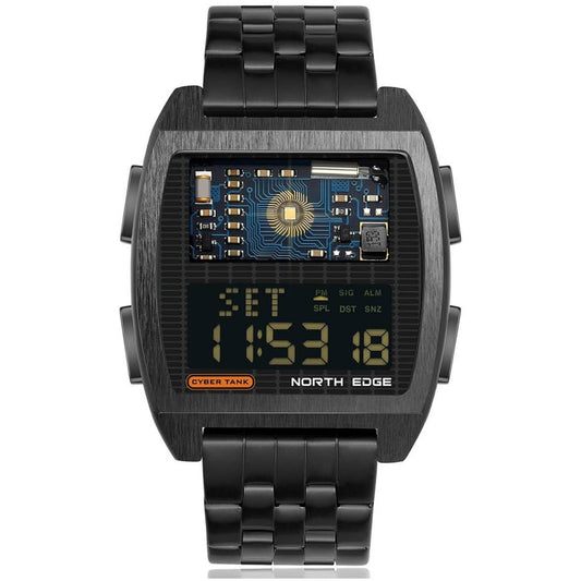 North Edge Männeruhr, Modell: Cyber Tank, Digitale Sportuhr, Retro-Design, 50m wasserdicht, Metallgehäuse, ideal für aktive Männer.