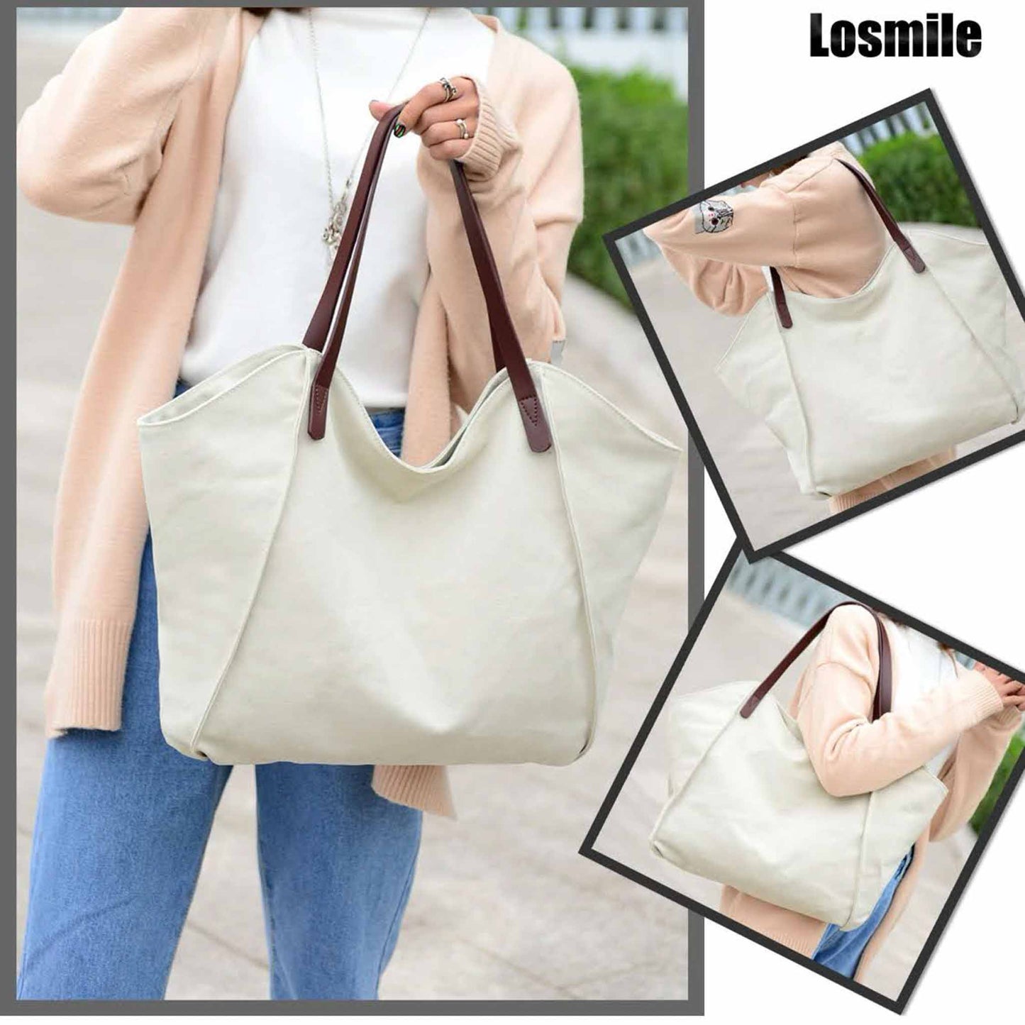 LOSMILE Damen Handtasche Hobo Shopper Beige, vielseitig, strapazierfähig, ideal für Strand und Alltag.