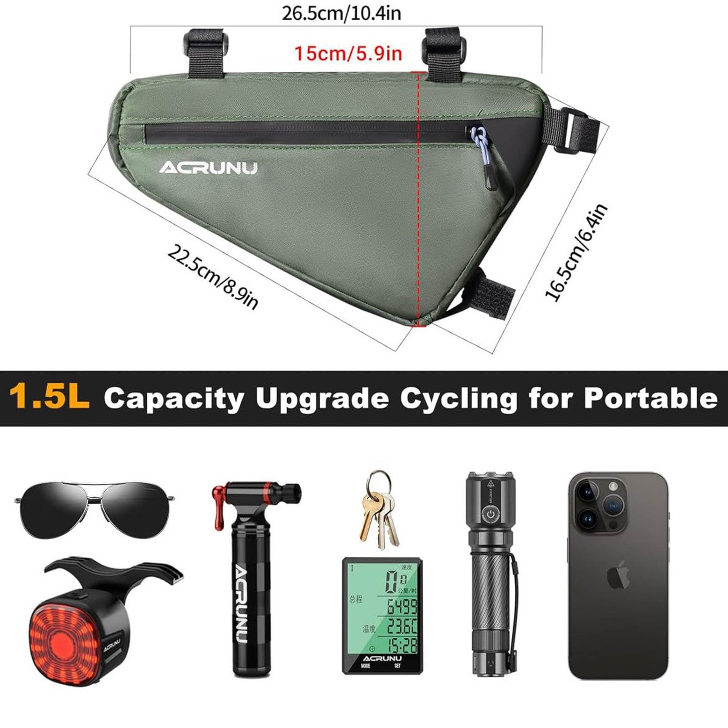 ACRUNU Dreieckstasche, 1,5L, Fahrradtasche, wasserdicht, mit Fahrradklingel, für 22-24mm Rahmen, ideal für Mountainbike und Rennrad.