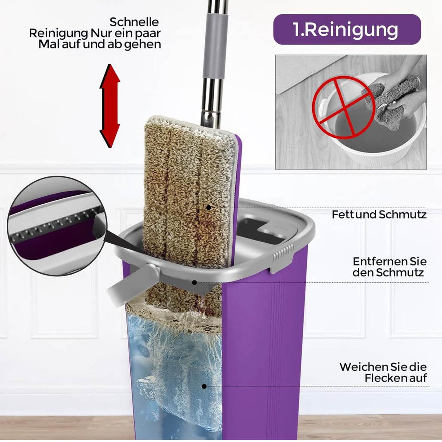 Masthome Wischmopp Set, Bodenwischer, 138cm Edelstahlgriff, Auswringfunktion, 5 Mikrofaser Pads, Violett