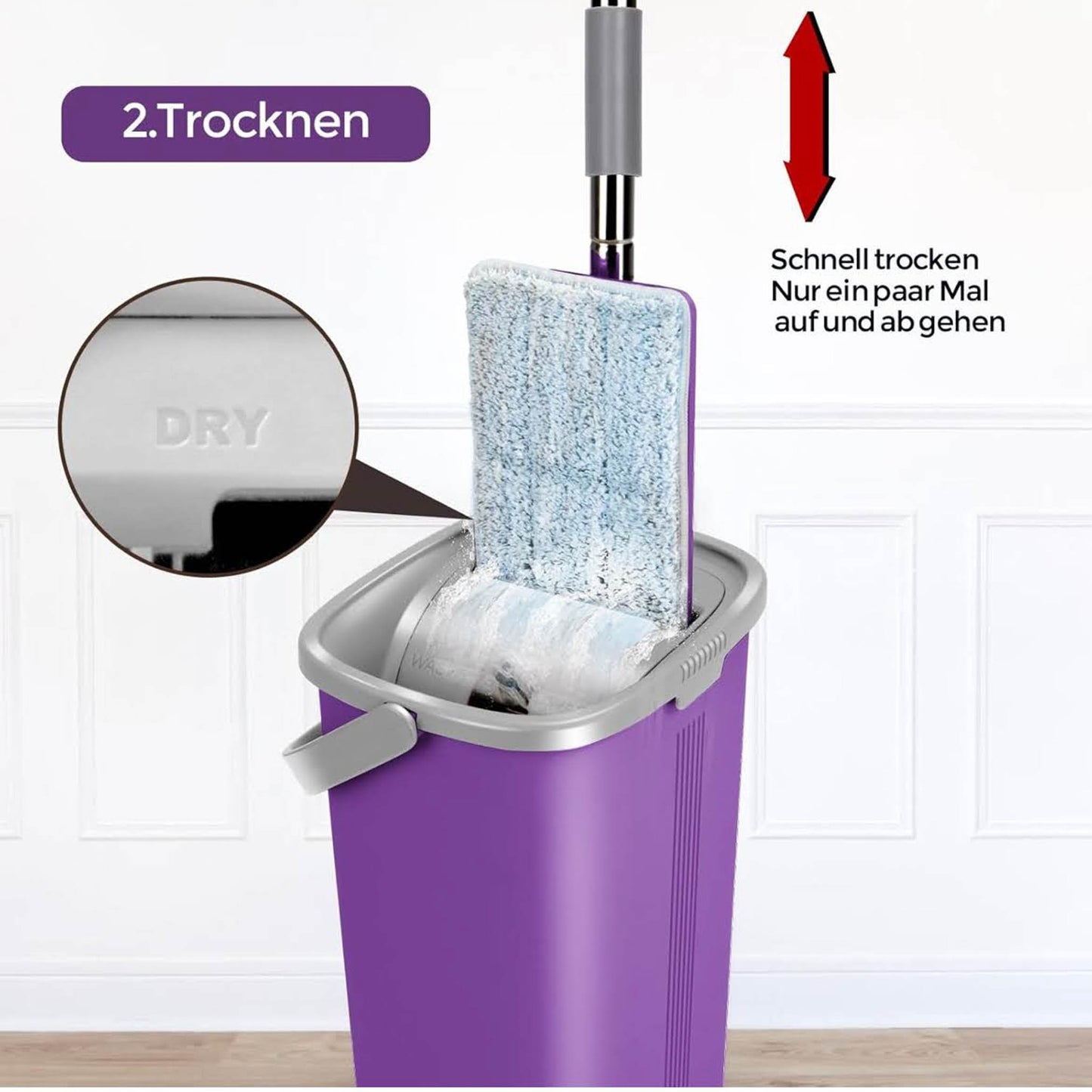 Masthome Wischmopp Set, Bodenwischer, 138cm Edelstahlgriff, Auswringfunktion, 5 Mikrofaser Pads, Violett