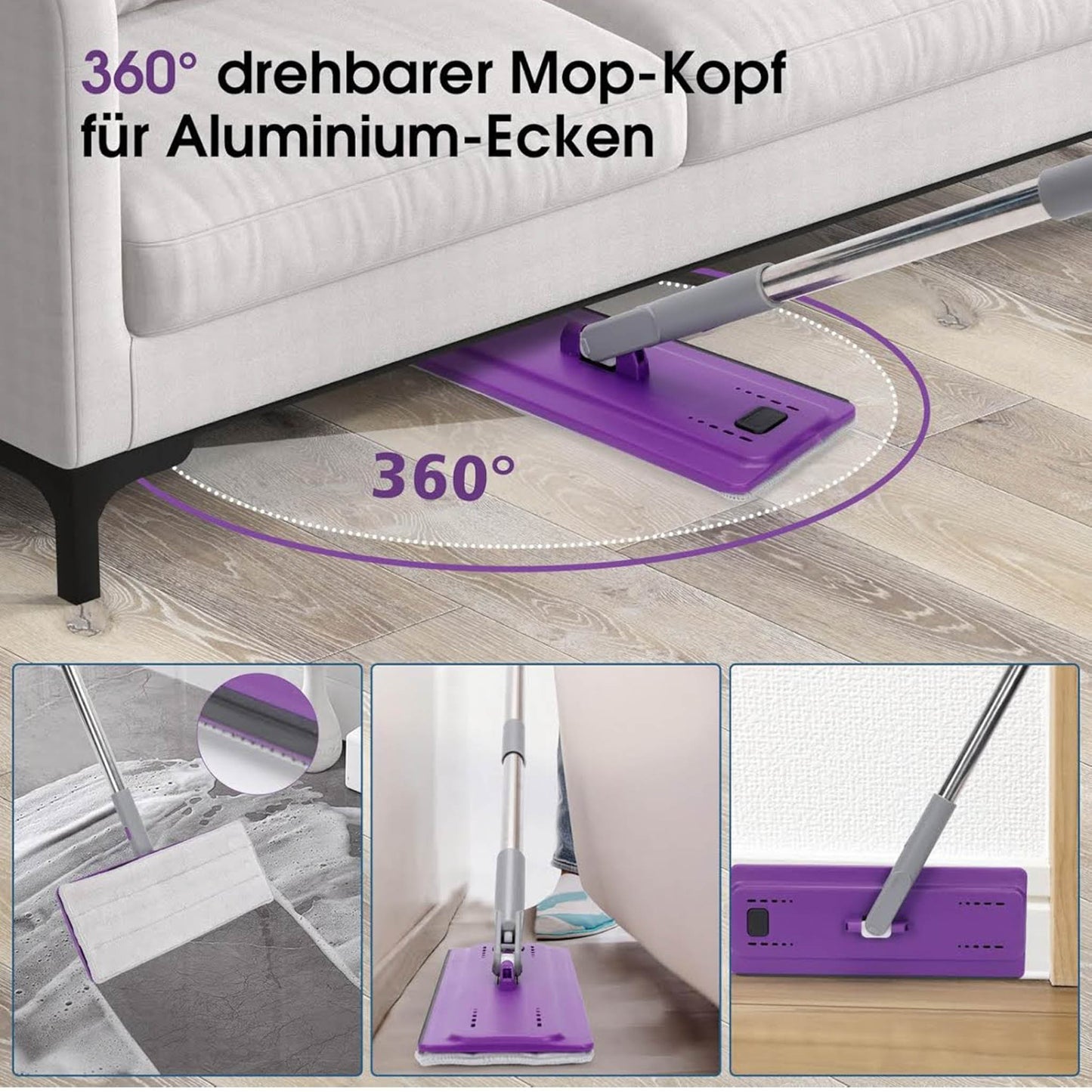 Masthome Wischmopp Set, Bodenwischer, 138cm Edelstahlgriff, Auswringfunktion, 5 Mikrofaser Pads, Violett